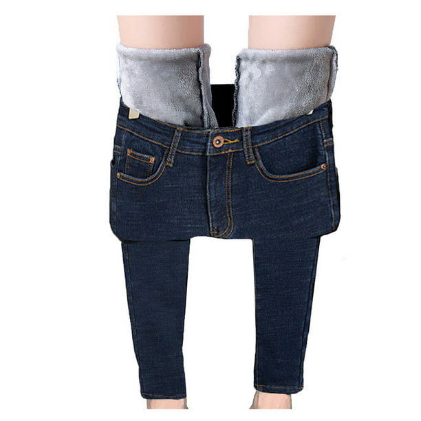 Womens Denim jeans crop fleece-lined pants Skinny stretch Thermal Slim trousers